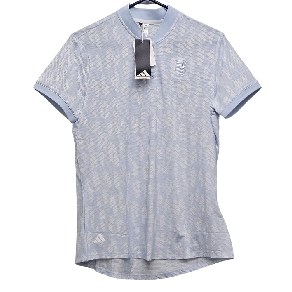 Adidas Polo Shirt Women M Blue Jacquard Animal Print Golf ClimaCool Athletic